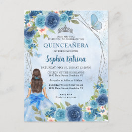 Postal De Invitación Duste Blue Silver Glam Floral Princesa Quinceañera