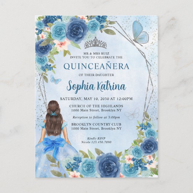 Postal De Invitación Duste Blue Silver Glam Floral Princesa Quinceañera (Anverso)