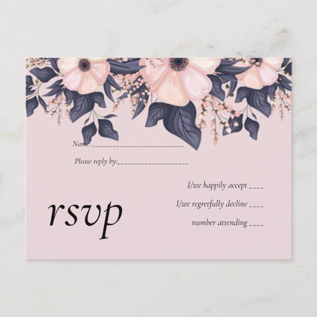 Postal De Invitación Duste Boda floral azul rosa (Anverso)
