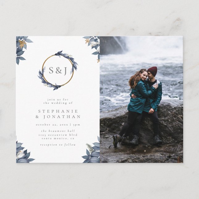 Postal De Invitación Duste hojas azules y monograma de oro foto Boda (Anverso)