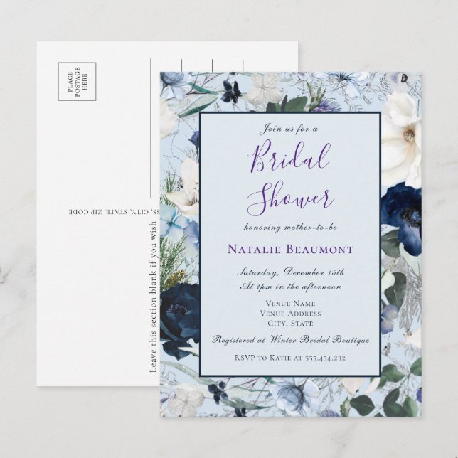 Postal De Invitación Duste presupuesto Blue Elegent Floral Bridal Showe (Anverso / Reverso)