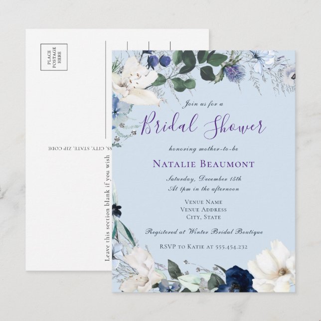 Postal De Invitación Duste presupuesto Blue Elegent Floral Bridal Showe (Anverso / Reverso)