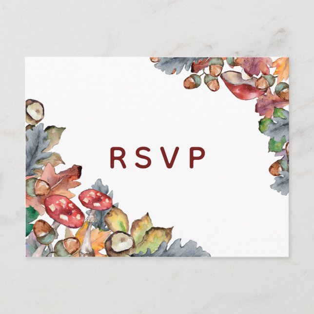 Postal De Invitación Dusty Blue Burgundy Fall Boda en hongos RSVP (Anverso)