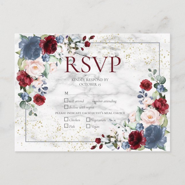 Postal De Invitación Dusty Blue Burgundy Rubor Gold Wedding RSVP (Anverso)