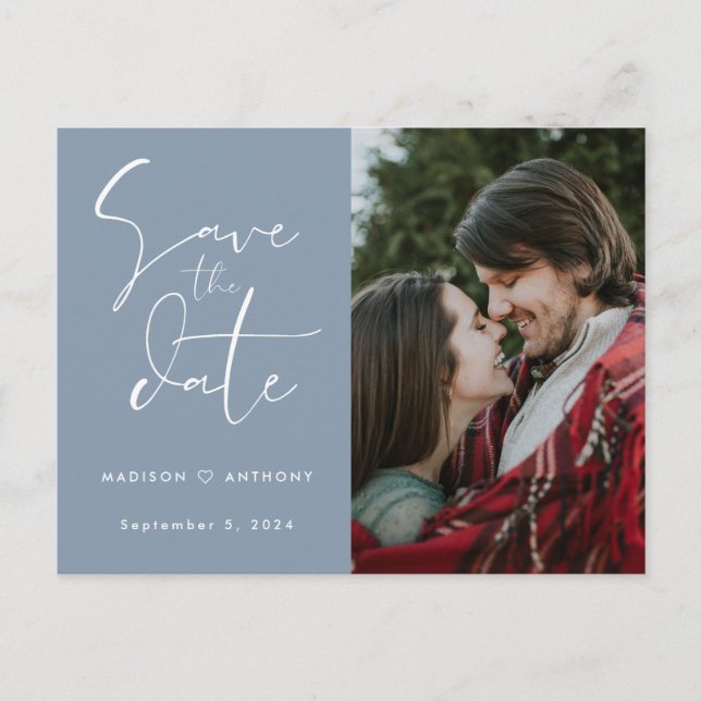 Postal De Invitación Dusty Blue Calligraphy Save the Date Boda Photo (Anverso)