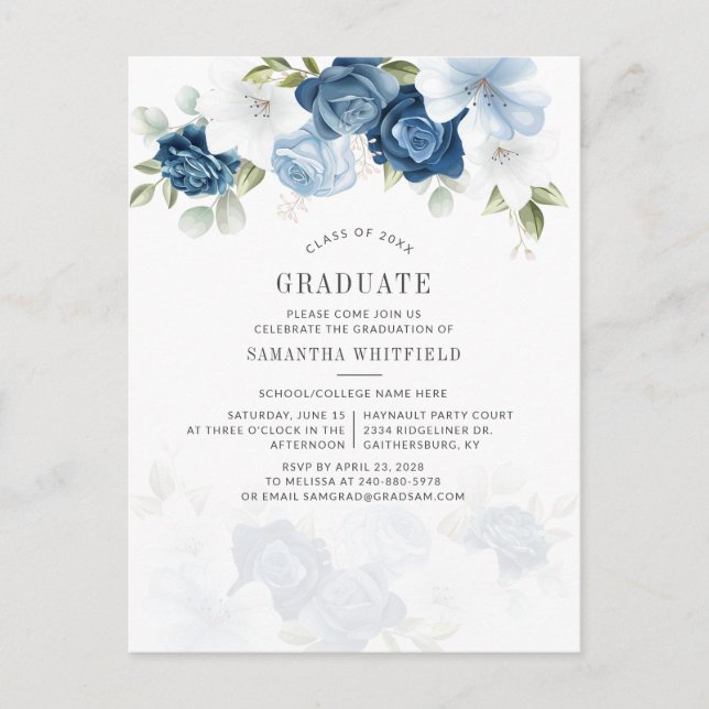 Postal De Invitación Dusty Blue Class de 2022 Floral Graduation Party (Anverso)