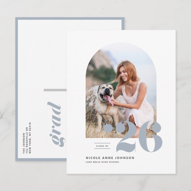 Postal De Invitación Dusty Blue Class de 2025 Arch Photo Graduation (Anverso / Reverso)