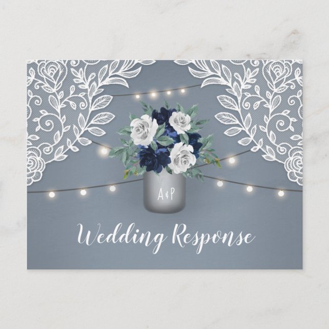 Postal De Invitación Dusty Blue Country Lace Mason Jar Wedding RSVP (Anverso)