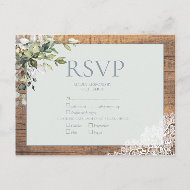Postal De Invitación Dusty Blue Eucalyptus Botanood Lace RSVP (Anverso)