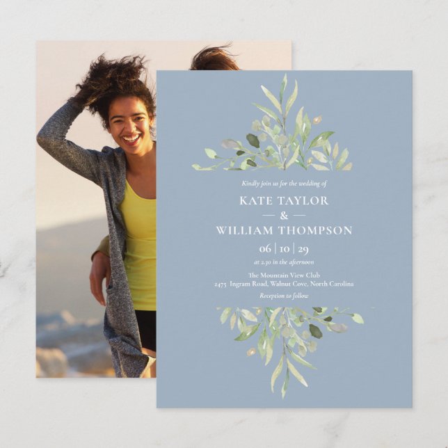 Postal De Invitación Dusty Blue Eucalyptus Greenery Boda (Anverso / Reverso)