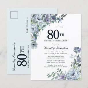 Postal De Invitación Dusty Blue Floral 80 cumpleaños Bonito