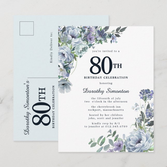 Postal De Invitación Dusty Blue Floral 80 cumpleaños Bonito (Anverso / Reverso)