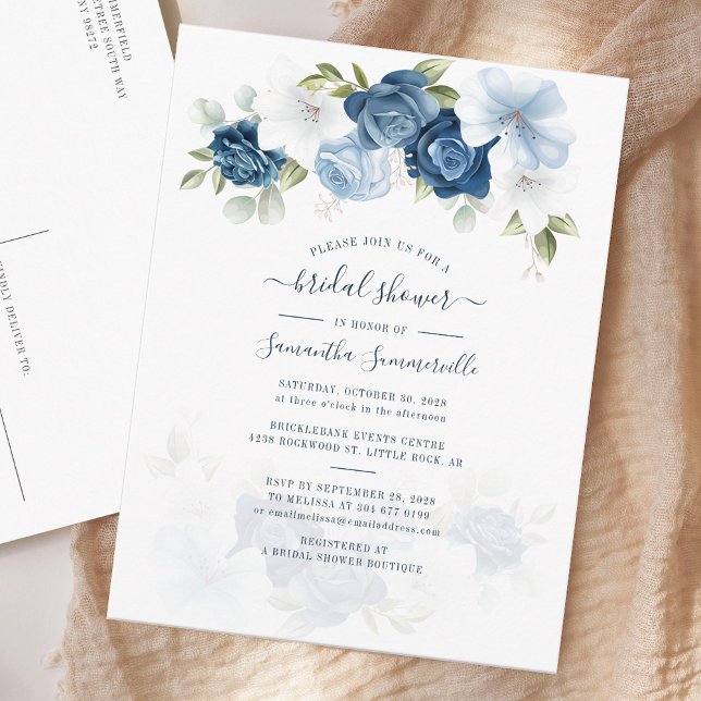 Postal De Invitación Dusty Blue Floral Greeneration Foliage Bridal Show (Floral Dusty Blue Watercolor Script Bridal Shower Invitation)