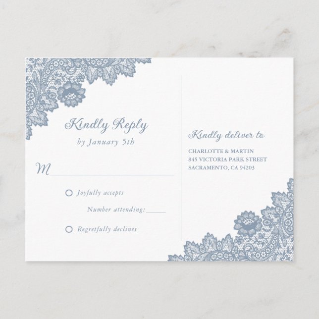 Postal De Invitación Dusty Blue Floral Lace Rustic Wedding RSVP (Reverso)