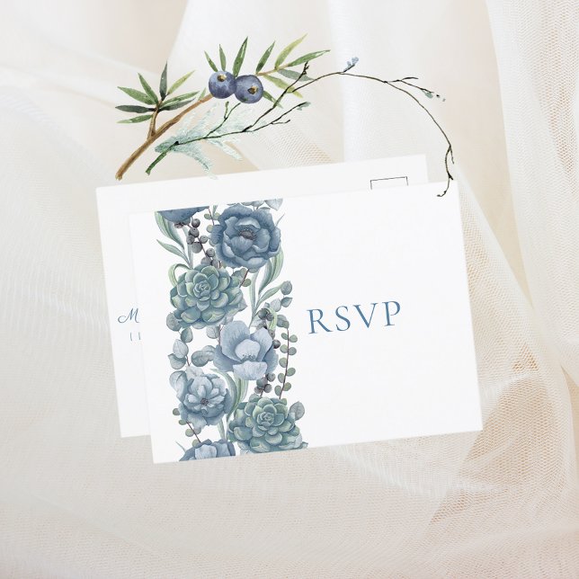Postal De Invitación Dusty Blue Floral Succulents Wedding RSVP (Subido por el creador)