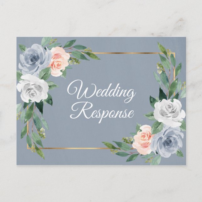 Postal De Invitación Dusty Blue Gold Rubor Peach Wedding RSVP (Anverso)
