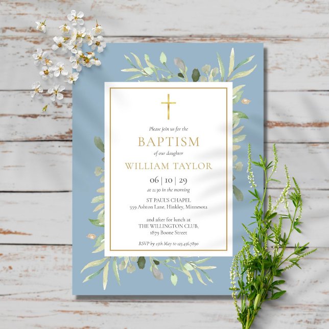 Postal De Invitación Dusty Blue Greenereneration Baptism Christening (Subido por el creador)
