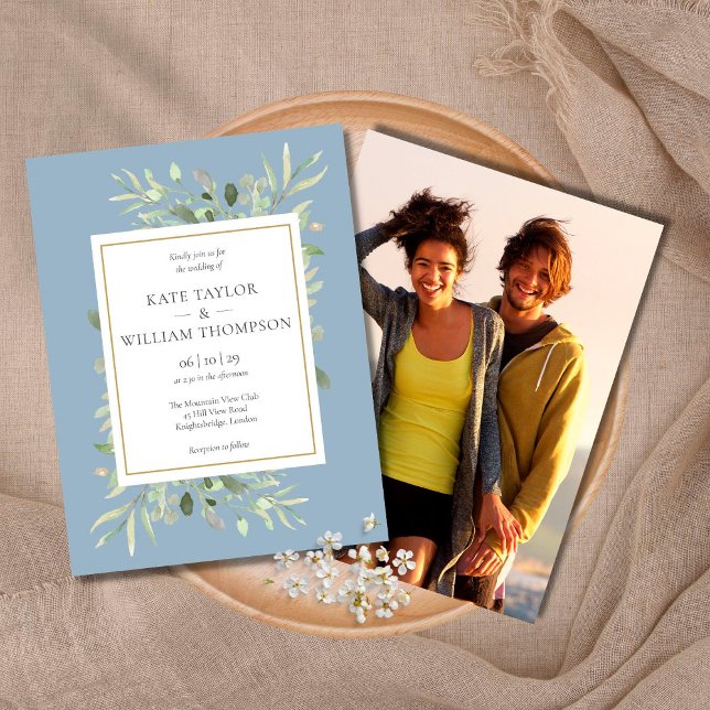 Postal De Invitación Dusty Blue Greenery deja una foto Boda (Subido por el creador)