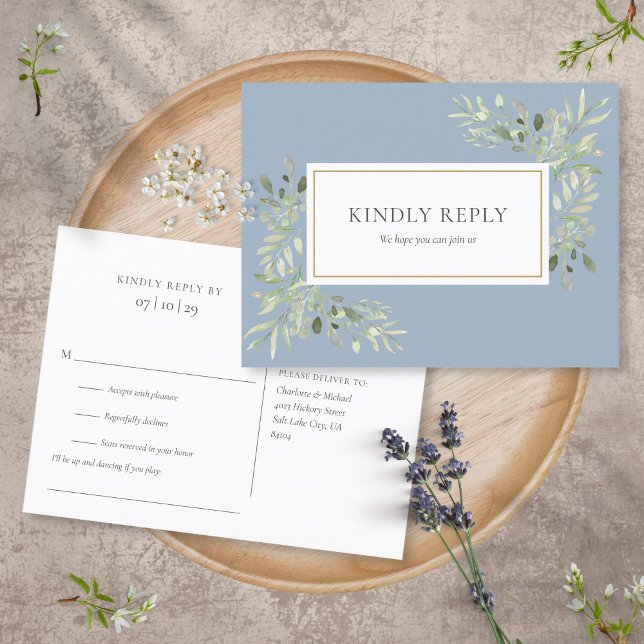 Postal De Invitación Dusty Blue Greenery Wedding Postcard RSVP (Subido por el creador)
