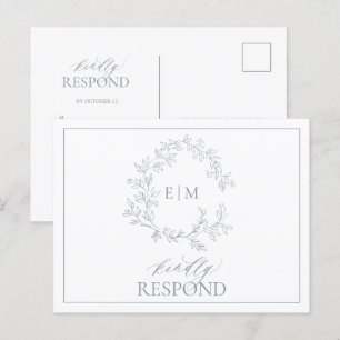 Postal De Invitación Dusty Blue Leafy Escudo Monograma Boda RSVP