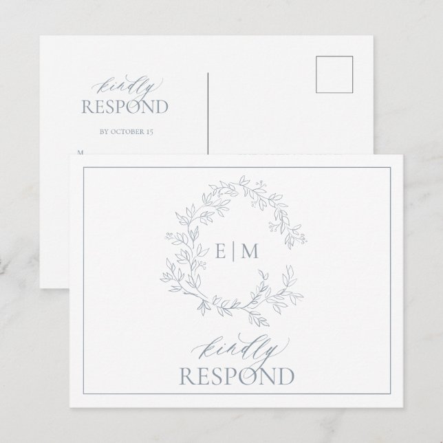 Postal De Invitación Dusty Blue Leafy Escudo Monograma Boda RSVP (Anverso / Reverso)