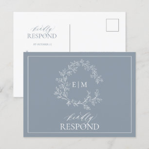 Postal De Invitación Dusty Blue Leafy Escudo Monograma Boda RSVP