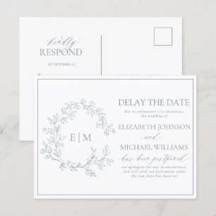 Postal De Invitación Dusty Blue Leafy Escudo Monograma Retraso La Fecha
