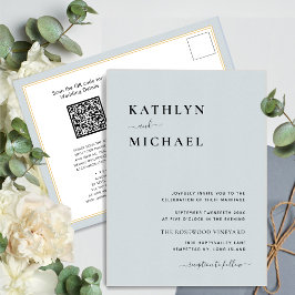 Postal De Invitación Dusty Blue Modern QR Code Todo En Un Boda