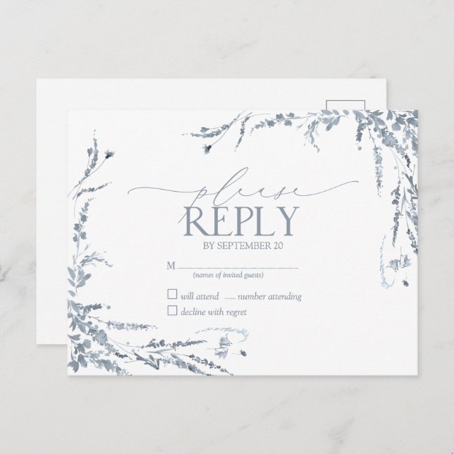 Postal De Invitación Dusty Blue Wildflower Calligraphy Wedding RSVP (Anverso / Reverso)