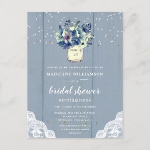 Postal De Invitación Dusty Country Blue Mason Jar Bridal Shower