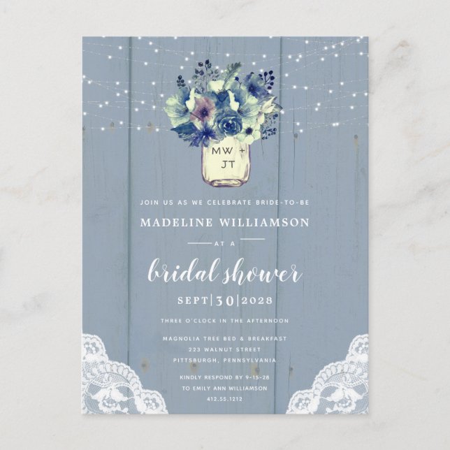 Postal De Invitación Dusty Country Blue Mason Jar Bridal Shower (Anverso)