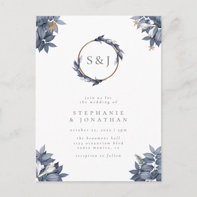 Postal De Invitación Dusty hojas azules y moderno Boda de monograma de  (Anverso)