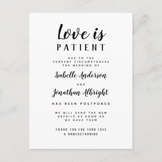 Postal De Invitación El amor es paciente elegante Boda pospuesto (Anverso)
