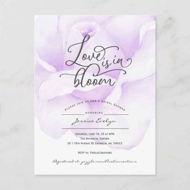 Postal De Invitación El amor está en flor, simple ducha violeta moderna (Anverso)