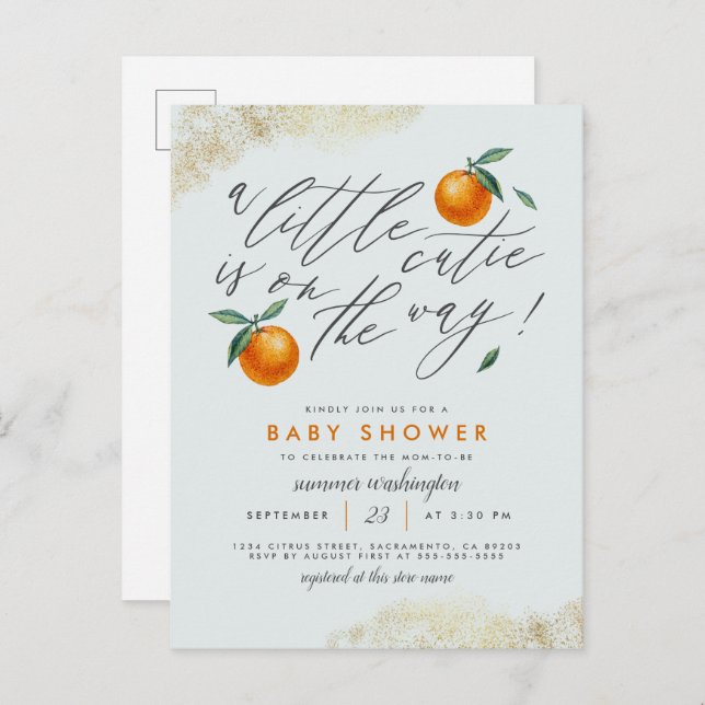 Postal De Invitación El azul moderno un poco cursi Naranja Baby Shower (Anverso / Reverso)