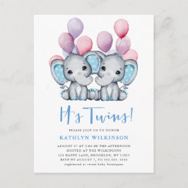 Postal De Invitación El Baby Shower con globo azul elefante gemelo