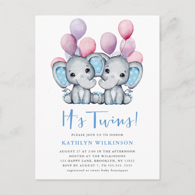 Postal De Invitación El Baby Shower con globo azul elefante gemelo (Anverso)