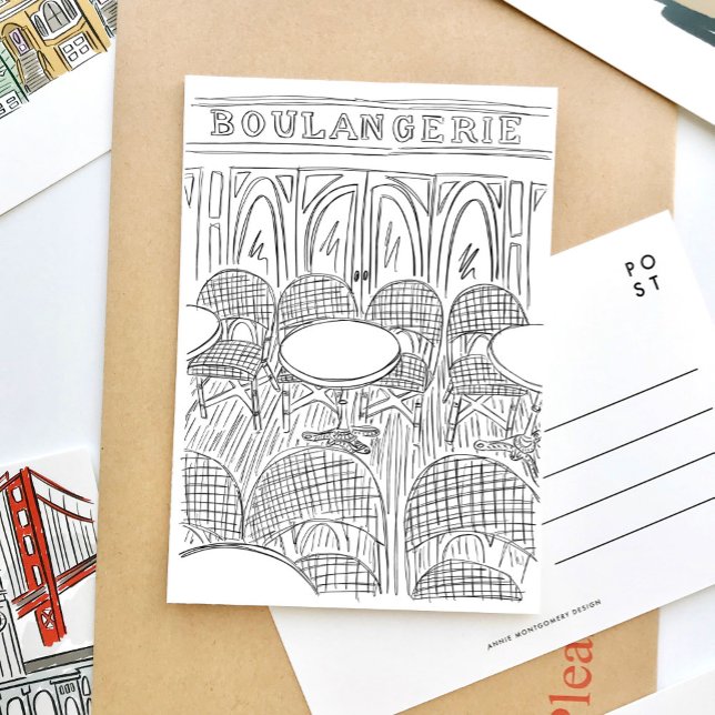 Postal De Invitación El café París blanco y negro Boulangerie Postcard (Black and white sketch Paris Boulangerie travel postcard.)