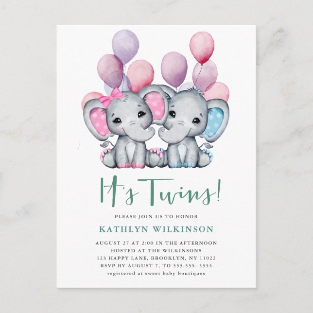 Postal De Invitación El elefante Chica gemelo Baby Shower (Anverso)