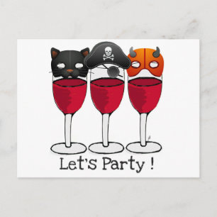 POSTAL DE INVITACIÓN EL FIESTA HALLOWEEN COSTUME MASKS VINOS GAFAS