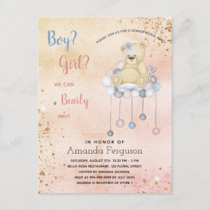 Postal De Invitación El género revela la ducha de bebé oso de peluche c