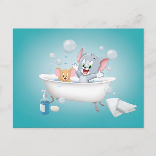 Postal De Invitación El infante Tom y Jerry tomando un baño (Anverso)