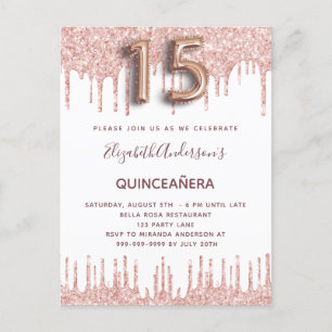Postal De Invitación El oro rosa de Quinceanera gotea rosa