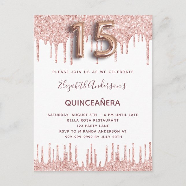Postal De Invitación El oro rosa de Quinceanera gotea rosa (Anverso)