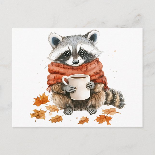 Postal De Invitación El otoño deja un acogedor mapache otoño con una ta (Anverso)