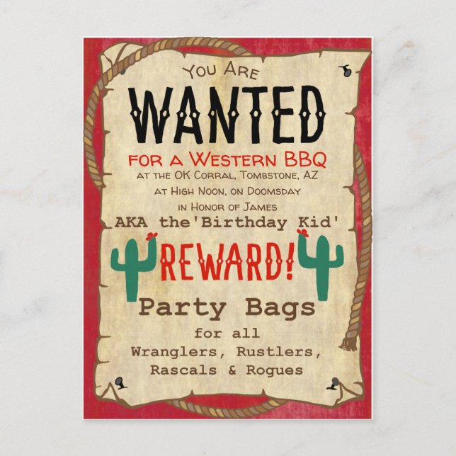 Postal De Invitación El Partido de Cumpleaños de Cowboy Western BBBQ qu (Anverso)