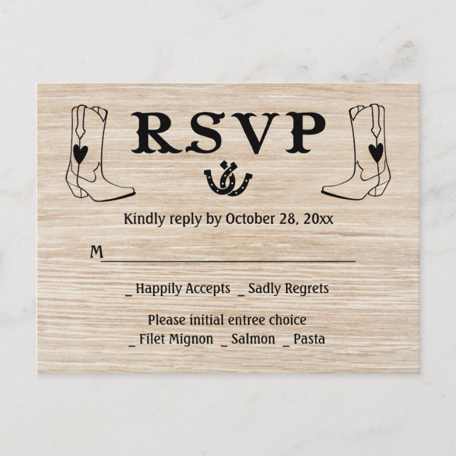 Postal De Invitación El RSVP Occidental Boots Country Wedboy Boots Wood (Anverso)