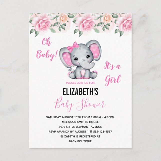 Postal De Invitación Elefante bebé rosa y Baby Shower fronterizo con Ro (Anverso)