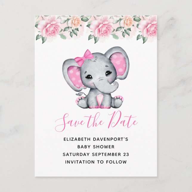 Postal De Invitación Elefante bebé rosa y la frontera de los Rosas salv (Anverso)