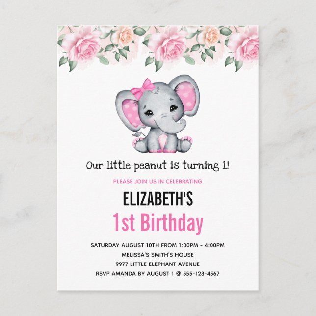 Postal De Invitación Elefante bebé rosa y Rosas Cumpleaños Fronteriza (Anverso)
